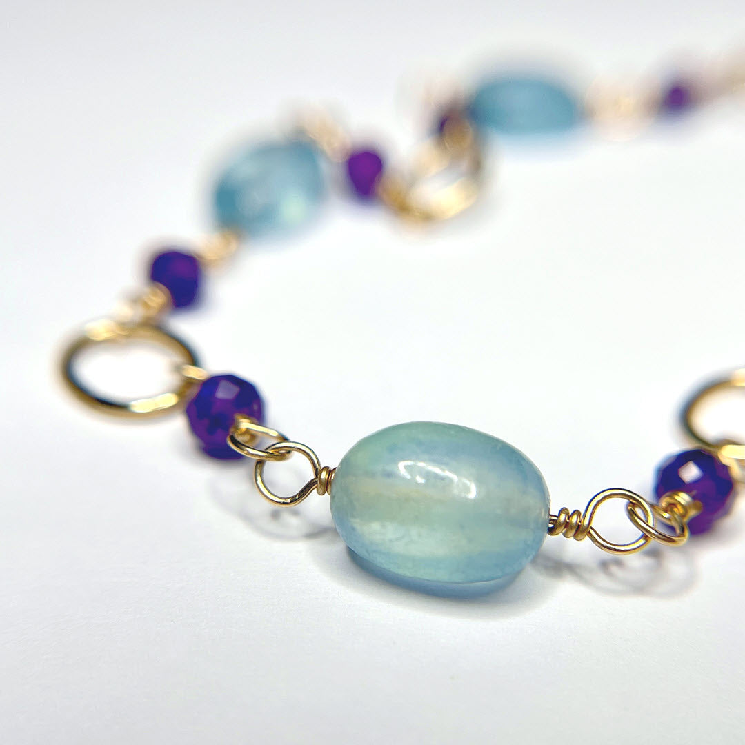 Aquamarine and Amethyst Necklace With Links, 14K Gold Fill