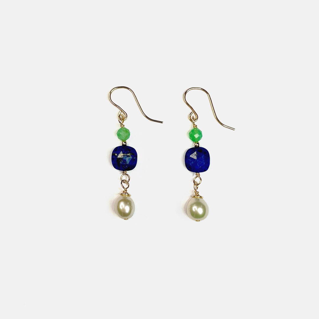 Chrysoprase, Lapis and Pearl Dangle Earrings, 14K Gold Fill