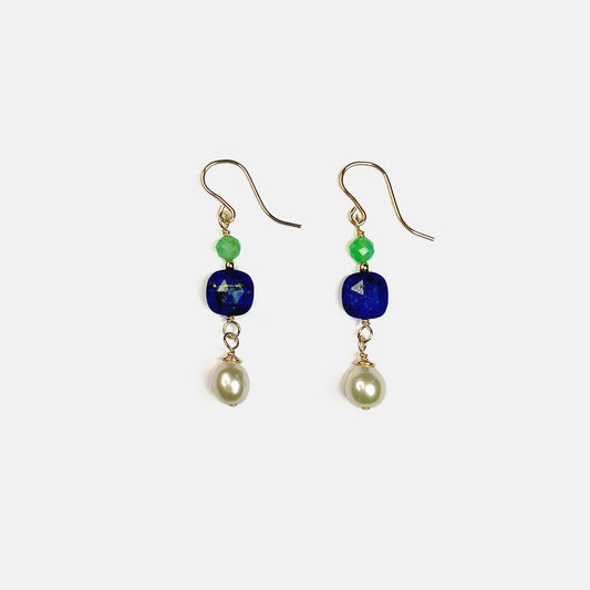 Chrysoprase, Lapis and Pearl Dangle Earrings, 14K Gold Fill
