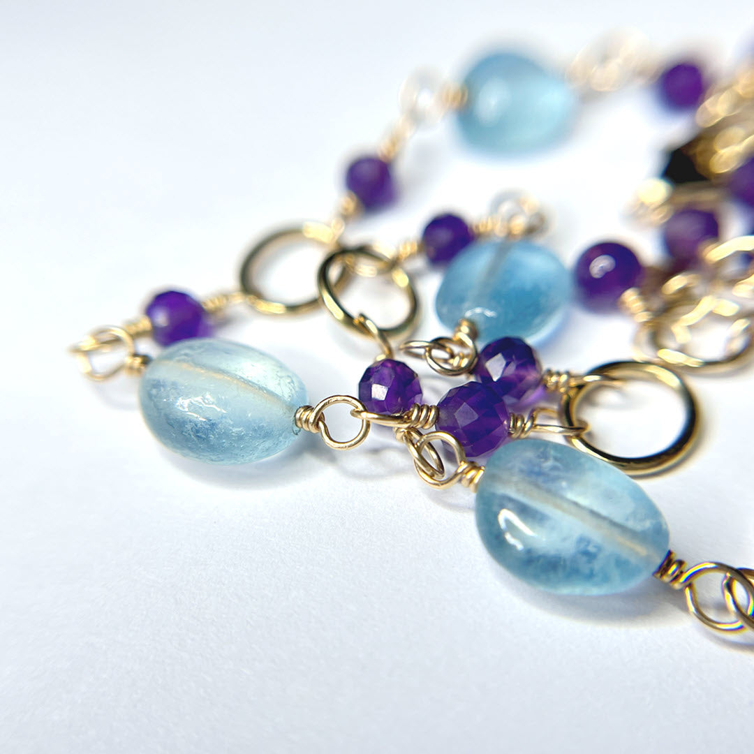 Aquamarine and Amethyst Necklace With Links, 14K Gold Fill