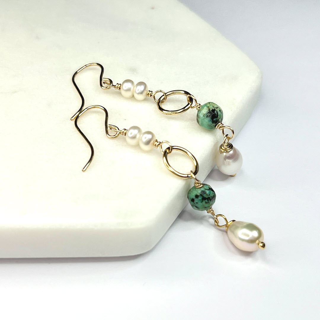 Stacked Pearl and African Turquoise Link Earrings, 14K Gold Fill
