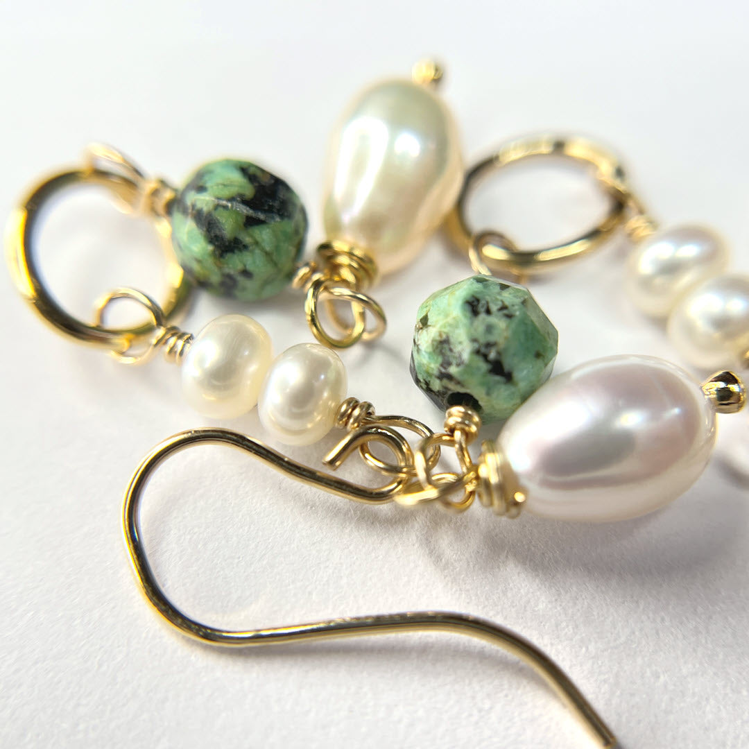 Stacked Pearl and African Turquoise Link Earrings, 14K Gold Fill