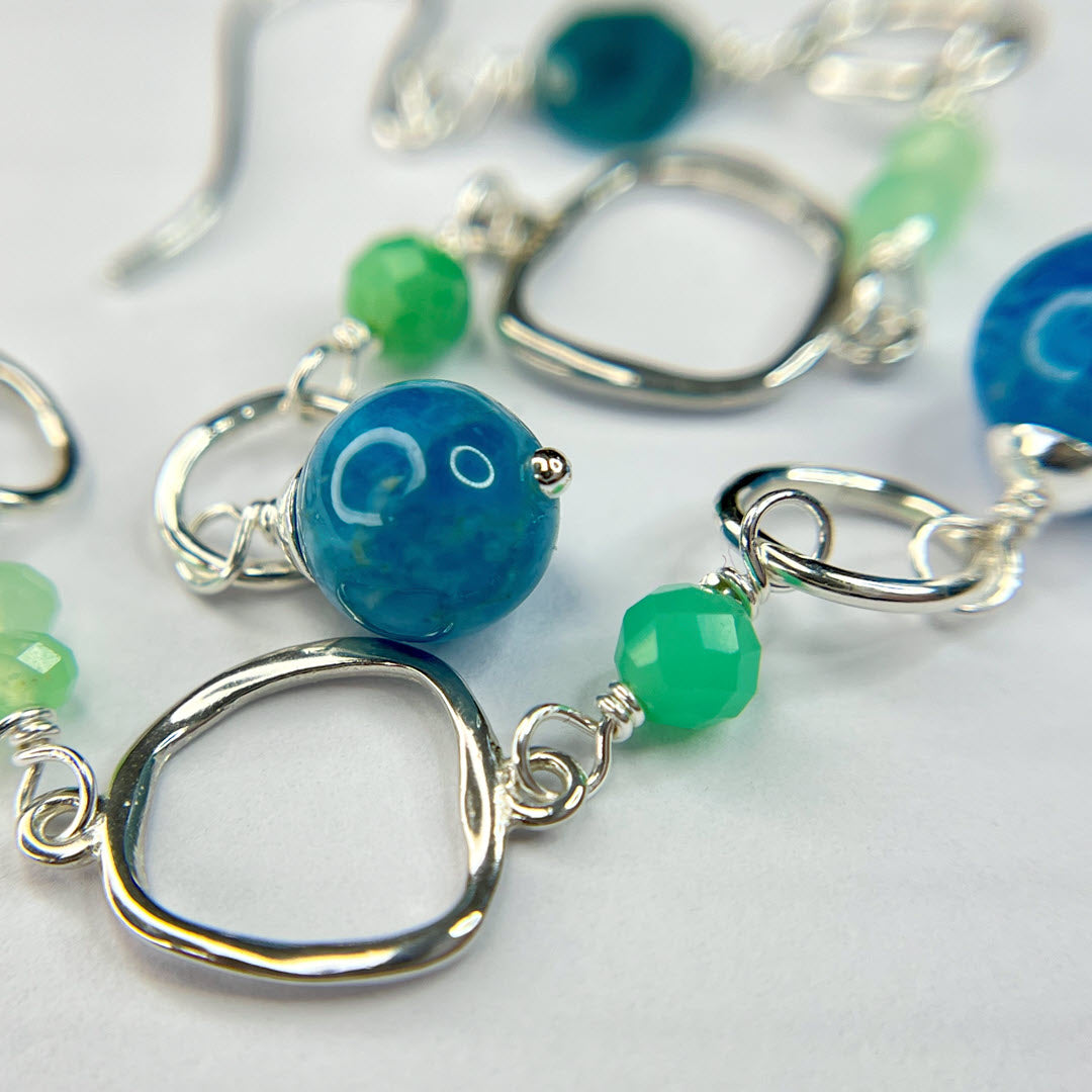 Chrysoprase and Neon Apatite Long Party Dangles, Sterling