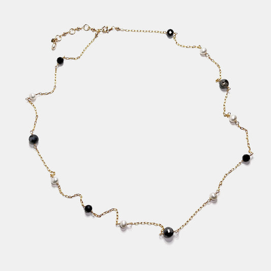 Larvikite, Black Tourmaline and Pearl Station Necklace, 14K Gold Fill