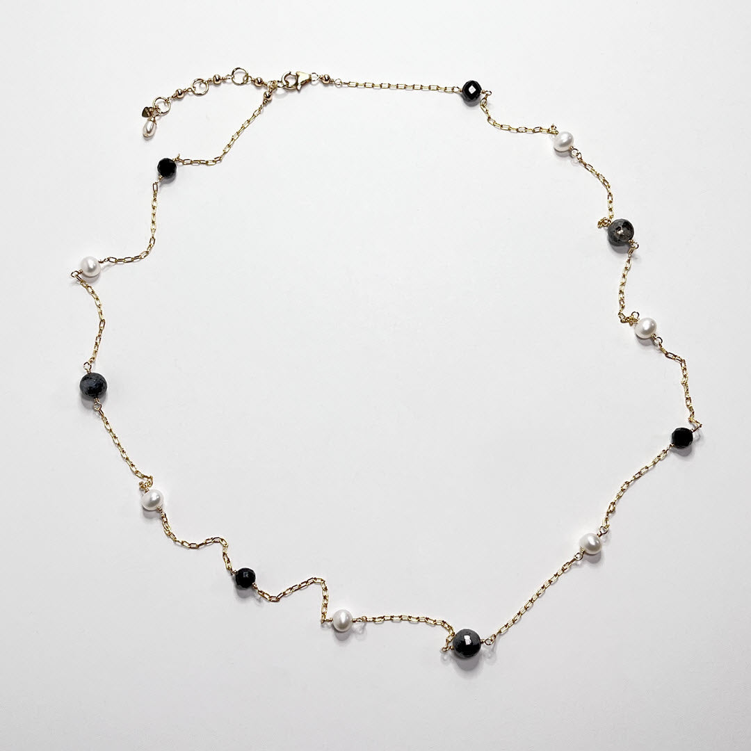 Larvikite, Black Tourmaline and Pearl Station Necklace, 14K Gold Fill