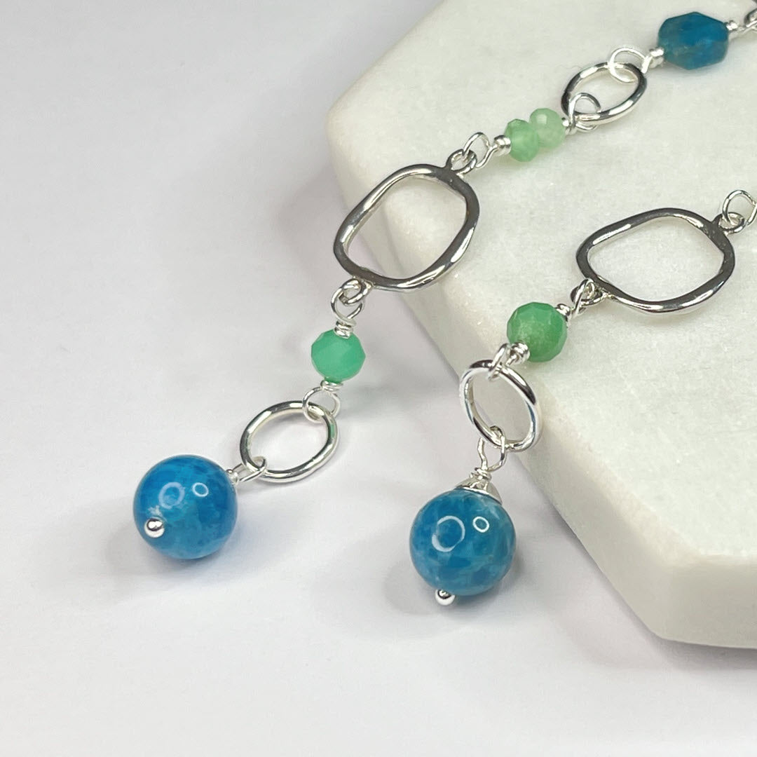 Chrysoprase and Neon Apatite Long Party Dangles, Sterling