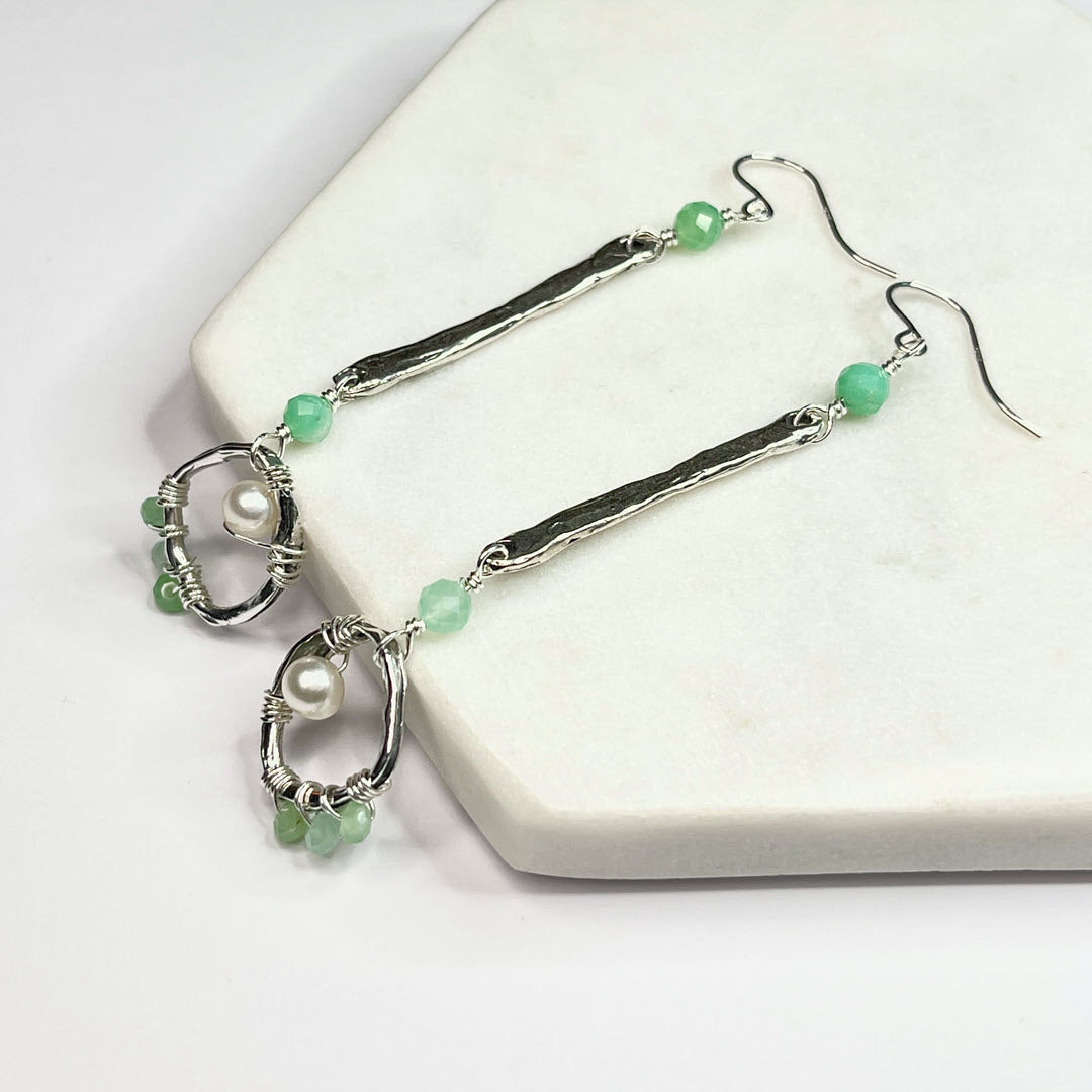 Chrysoprase Stick and Circle Long Party Dangles, Sterling