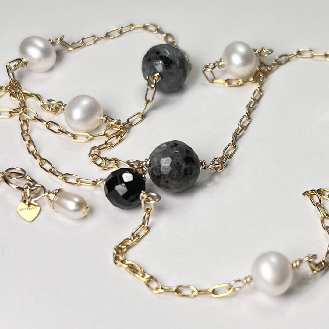 Larvikite, Black Tourmaline and Pearl Station Necklace, 14K Gold Fill