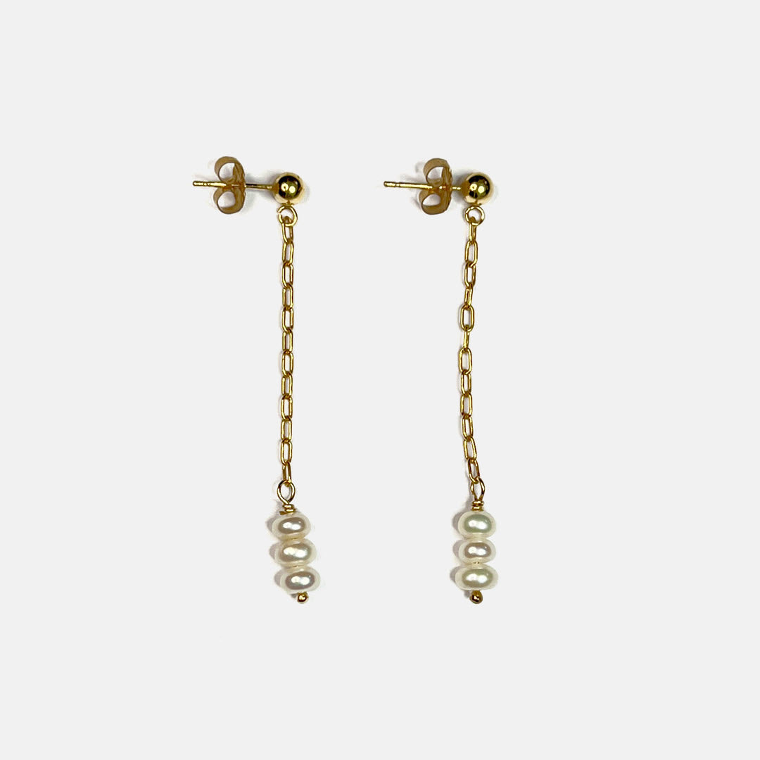 Freshwater Pearl Trio Long Chain Dangle Earrings on Post, 14K Gold Fill