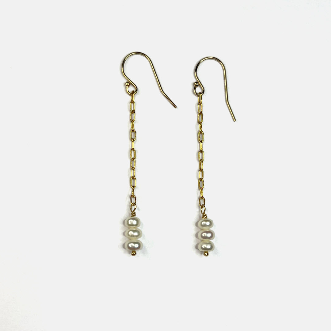 Freshwater Pearl Trio Long Chain Dangle Earrings, 14K Gold Fill