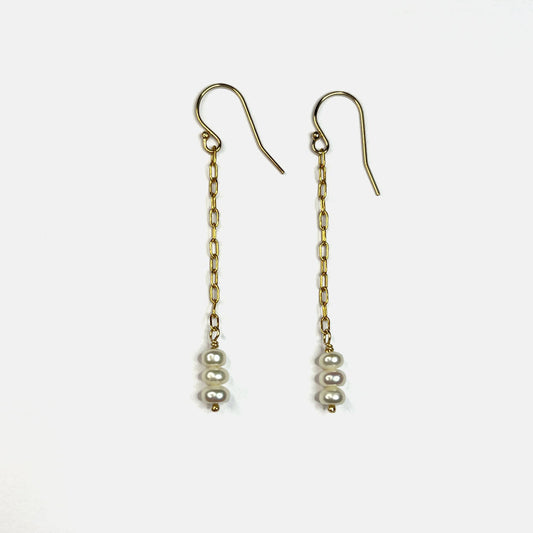 Freshwater Pearl Trio Long Chain Dangle Earrings, 14K Gold Fill