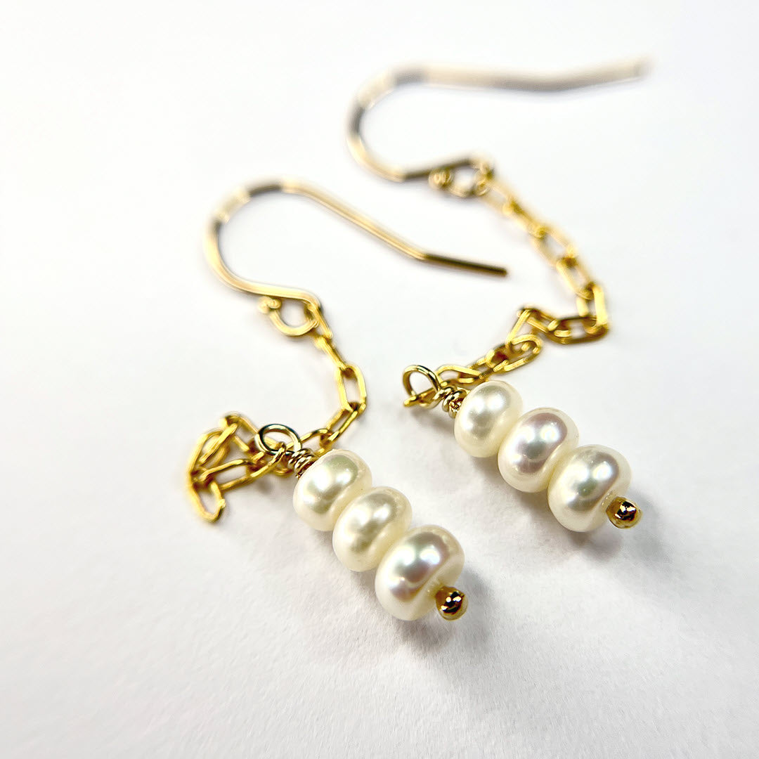 Freshwater Pearl Trio Long Chain Dangle Earrings, 14K Gold Fill