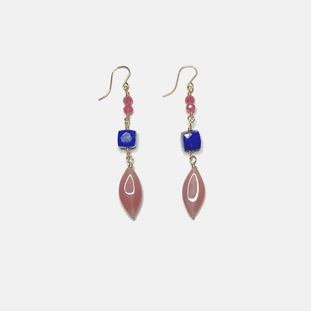 Rhodonite, Large Lapis Cubes and Botswana Marquise Dangle Earrings, 14K Gold Fill