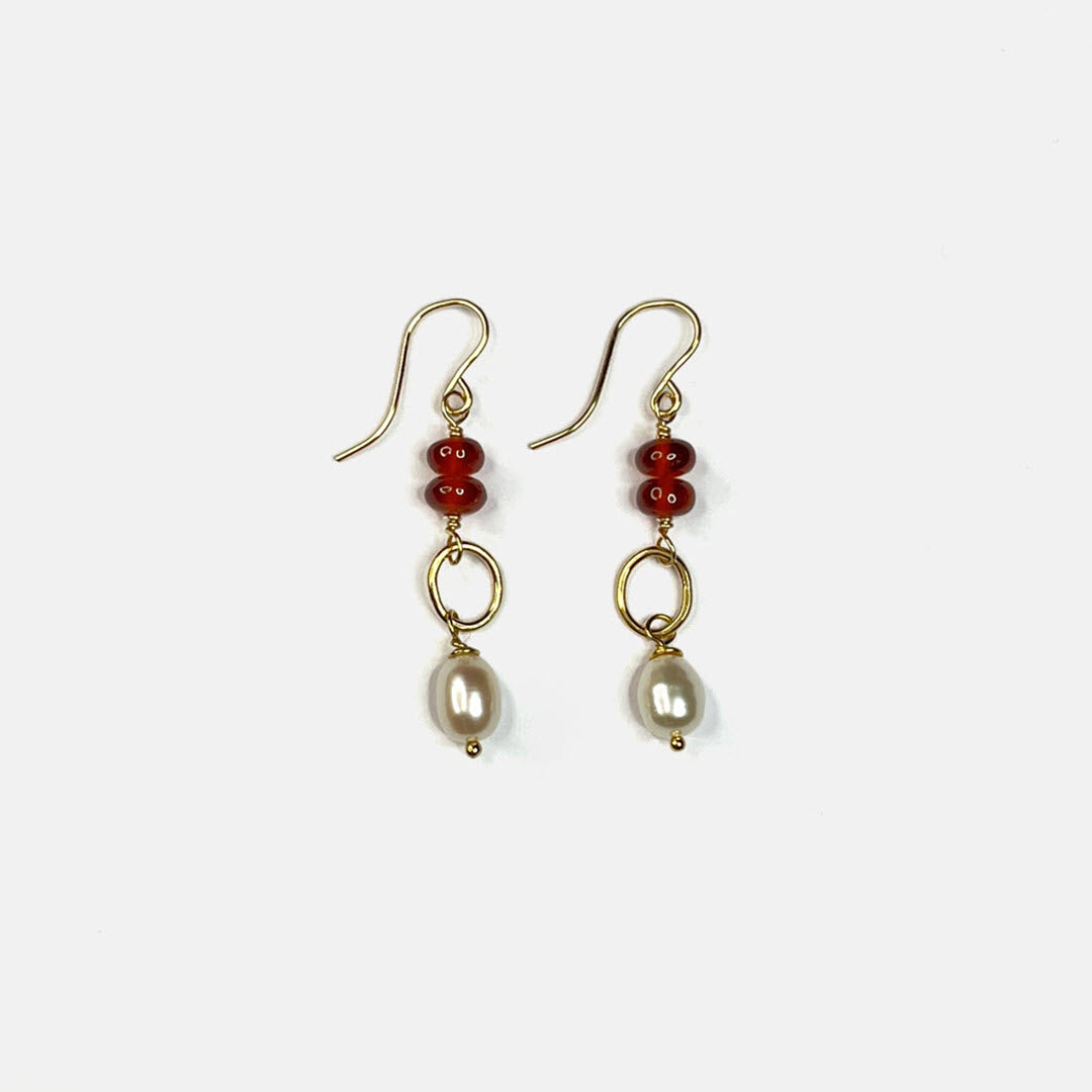 Hessonite and Pearl Drop Dangle Earrings, 14K Gold Fill