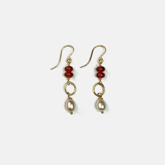 Hessonite and Pearl Drop Dangle Earrings, 14K Gold Fill