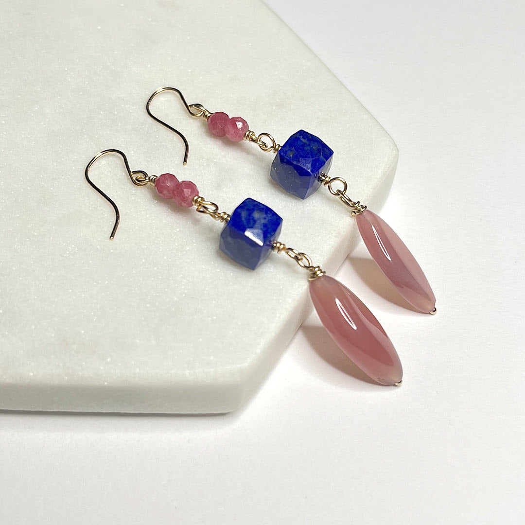 Rhodonite, Large Lapis Cubes and Botswana Marquise Dangle Earrings, 14K Gold Fill