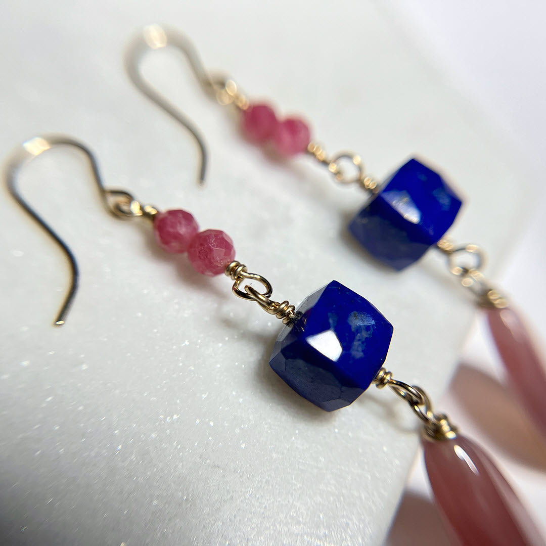 Rhodonite, Large Lapis Cubes and Botswana Marquise Dangle Earrings, 14K Gold Fill