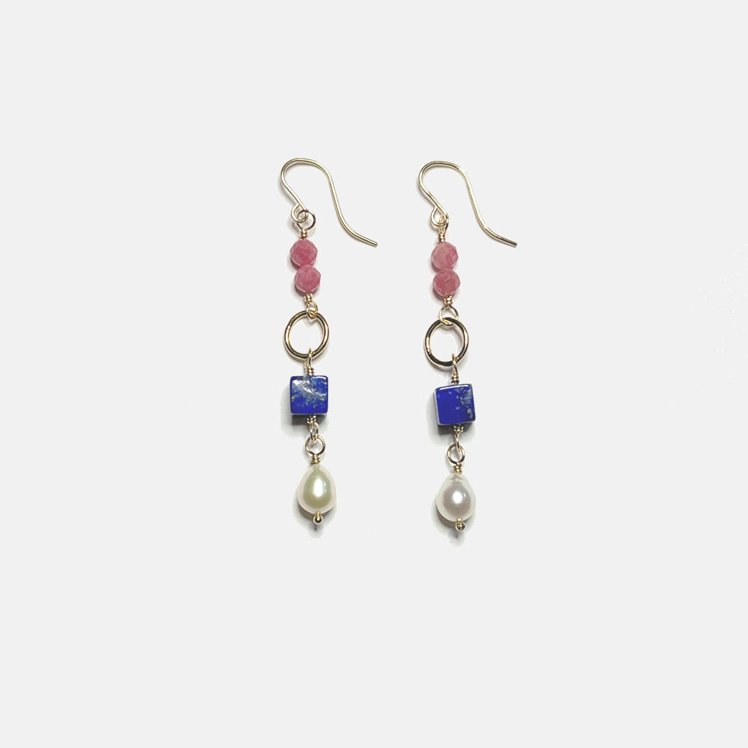 Rhodonite, Lapis Cube and Pearl Drop Dangle Earrings, 14K Gold Fill