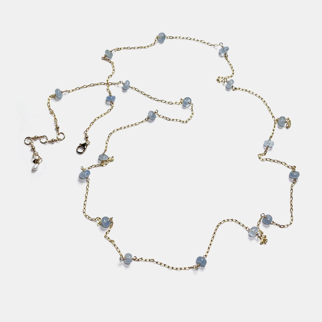 Aquamarine 19-Stone 42” Station Necklace, 14K Gold Fill