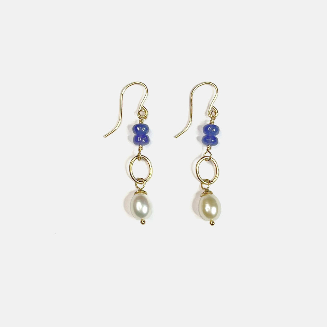 Tanzanite and Pearl Drop Dangle Earrings, 14K Gold Fill