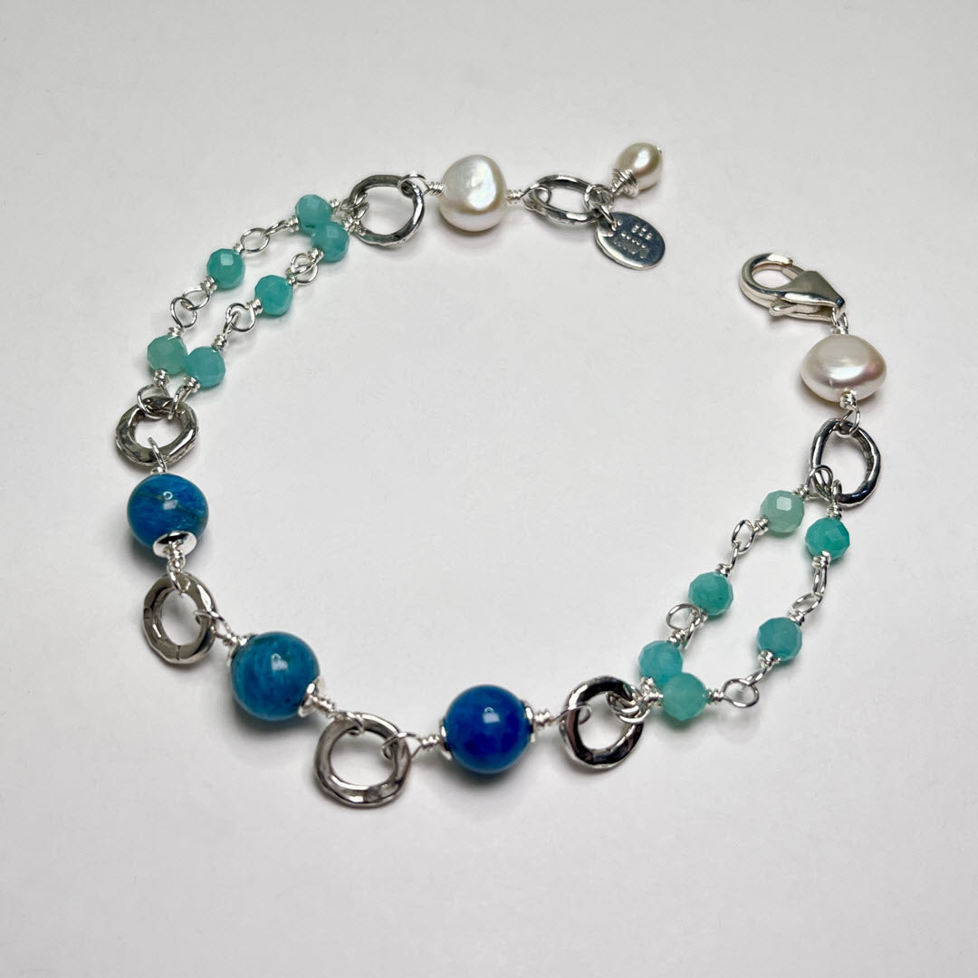 Amazonite Open Double Row Bracelet With Neon Apatite, Nugget Pearls, Sterling