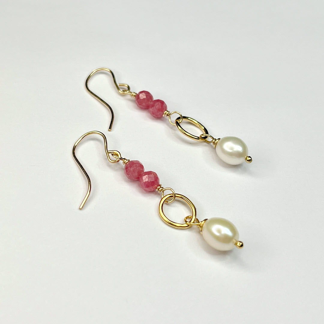 Rhodonite and Pearl Drop Dangle Earrings, 14K Gold Fill