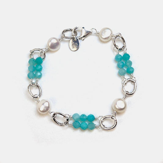 Amazonite Double Row Bracelet With Pearls, Sterling