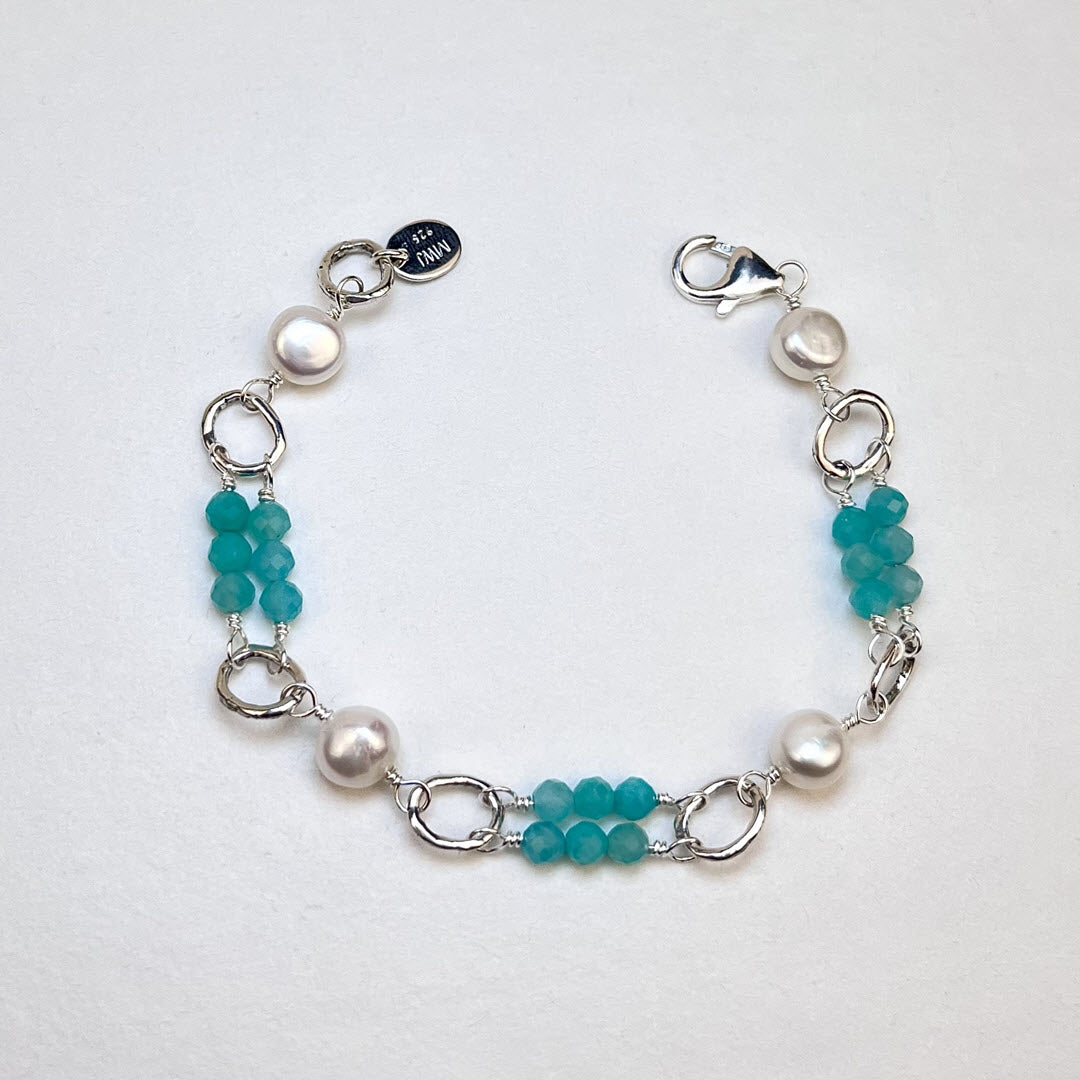 Amazonite Double Row Bracelet With Pearls, Sterling