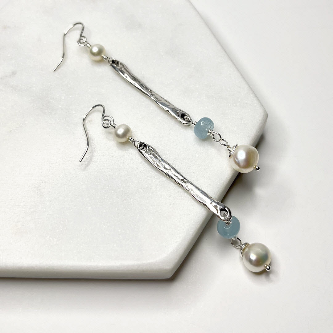 Pearl and Aquamarine Long Dangle Earrings, Sterling