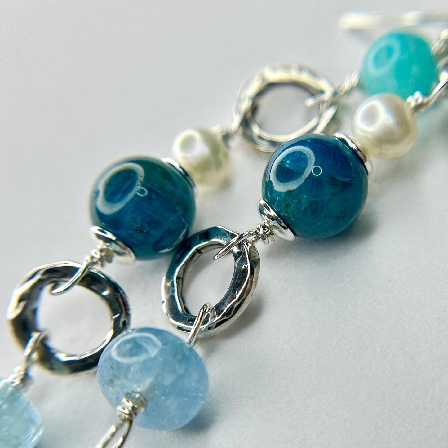 Amazonite, Aquamarine, Apatite and Pearl Long Party Dangles